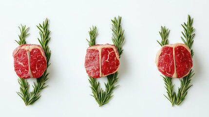 Poster - Beef Steaks With Fresh Rosemary on White Background Generative AI