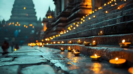 Poster - Karthigai Deepam Festival in Tamil Nadu India with Glowing Lamps Beautifully Adorning the Temple Steps Capturing the Spiritual Essence of this Auspicious