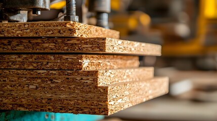 Aufkleber - Layers of plywood being pressed and laminated together in an industrial press machine  The process of manufacturing wood based panels and products through a high pressure lamination process