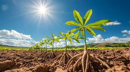 Poster - Lush green cassava plants thriving in orderly rows bathed in bright sunlight in a rural agricultural landscape  The cassava a vital root crop