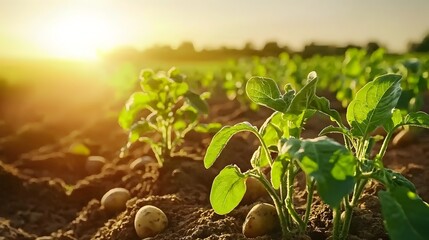 Poster - Lush rows of green potato plants in a flourishing farm captured at golden hour during a peaceful sunset in a scenic rural landscape