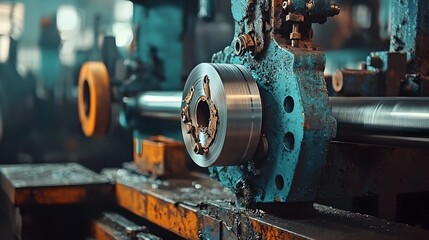 Aufkleber - Massive metal sheets likely aluminum or steel being rolled through powerful industrial rollers in a busy factory production setting