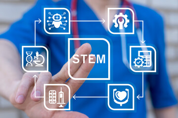 Medical student or graduate doctor working on virtual touch screen presses abbreviation: STEM. STEM Science Technology Engineering Mathematics Health care Medicine Education Concept.