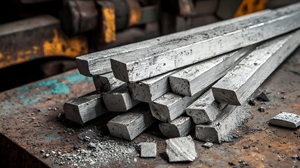 Fototapete - Molten aluminum billets being extruded from an industrial casting machine in a metal manufacturing factory  The hot shiny metal rods are part of the metalworking and manufacturing process