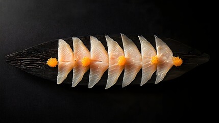 Poster - Neatly Stacked Rows of Delicate Butterfish Fillets Placed Symmetrically Against a Clean Minimalist Grey Background   A Simple Elegant Culinary Composition