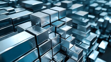 Poster - Neatly Stacked Aluminum Ingots in an Industrial Warehouse Setting  Aluminum is a widely used metal in manufacturing construction and various industries