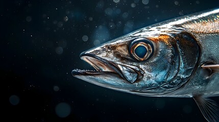 Poster - Photograph showcasing a head on view of a vibrant and sleek bonito fish a prized seafood delicacy often featured in Japanese and Mediterranean cuisines