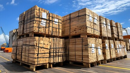 Poster - Plywood sheets bundled and stacked in large piles ready for shipment and export