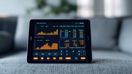Poster - Close-up of a hand holding a smartphone displaying data analytics and graph charts, ideal for finance and technology themes.