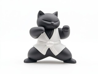 Playful Black Cat Figurine in Karate Pose with White Gi on White Background