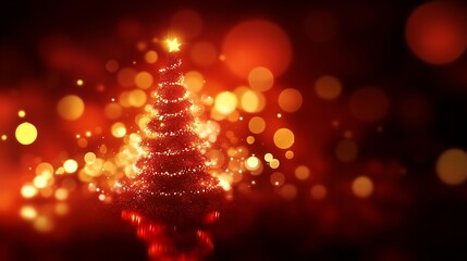 Poster - Festive Christmas Tree Sparkling with Lights and Bokeh in Warm Red Hues : Generative AI