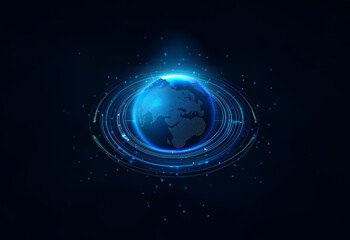 Poster - a glowing blue globe with futuristic digital rings surrounding it against a black background.