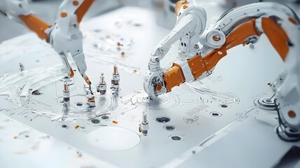 Poster - Robotic Arms Efficiently Packaging Aluminum Sheets for Streamlined Shipment and Distribution in a Futuristic Industrial Manufacturing Setting