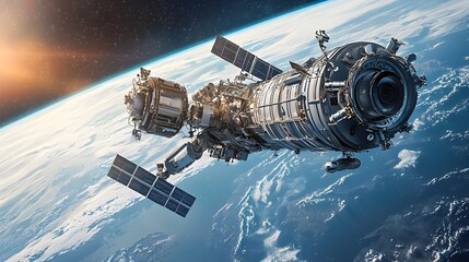 Poster - Robotic arms attached to a spacecraft gently collecting and retrieving old discarded satellite parts and components for the purpose of recycling repurposing