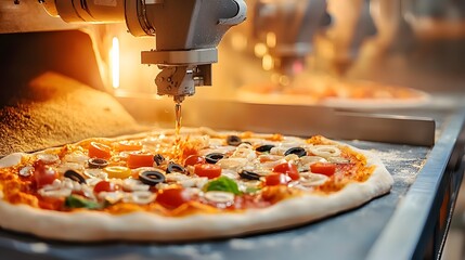 Poster - robotic arms meticulously placing toppings on a conveyor belt in an efficient automated pizza produc
