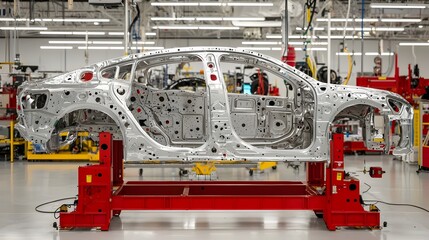 Poster - Robotic welders precisely assembling aluminum frames for automobiles in a high tech automated manufacturing facility  The advanced industrial process showcases the latest advancements in robotics