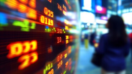 Poster - Colorful Digital Stock Market Ticker with Blurred Business Urban Background : Generative AI