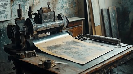 Poster - Rolling aluminum metal sheets through large industrial rolling machines in a manufacturing factory or production plant