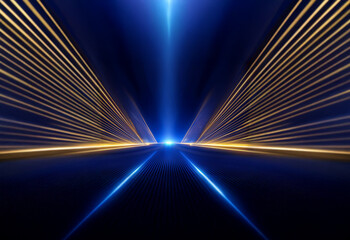 Aufkleber - A dark blue background with a bright blue light shining in the center and golden lines extending out from the center.