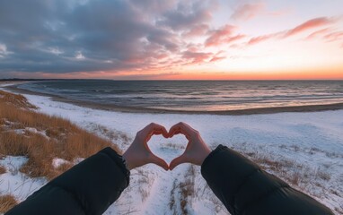 Two hands forming a heart shape in front of a winter coastline, where snow-covered sand meets the calm, cold waters of the ocean. 