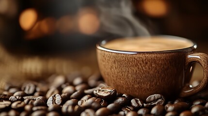 Poster - Cozy Coffee Cup with Steaming Brew Surrounded by Fresh Roasted Coffee Beans : Generative AI