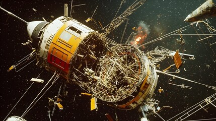 Poster - Scattered fragments and broken pieces of an exploded satellite drifting and orbiting in the vast expanse of space