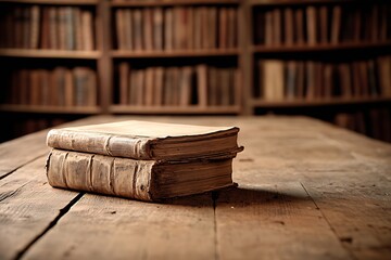 Aufkleber - Vintage Leather Bound Books Stacked on Wooden Table in Ancient Library Setting for Historical Study : Generative AI