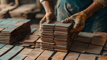 Poster - Skilled construction workers meticulously arrange and stack various tiles in a neat organized pattern for an upcoming home renovation project