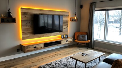 Poster - Sophisticated Wall Mounted TV with Adjustable Multicolor Backlighting for Enhancing the Ambiance and Mood of Any Room