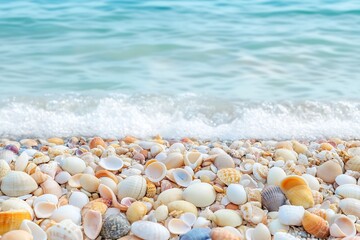 Poster - Seashell Covered Beach with Gentle Waves Creating a Tranquil Coastal Scene : Generative AI