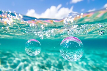 Poster - Serene underwater bubbles in crystal clear turquoise ocean blue sky above : Generative AI