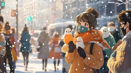 Poster - Snowy winter landscape with people bundled up in scarves and masks walking through a city park or street  Peaceful and serene outdoor scene with trees buildings and architecture in the background