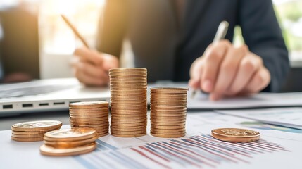 Aufkleber - Stack of coins on business desk with graphs and charts in background : Generative AI