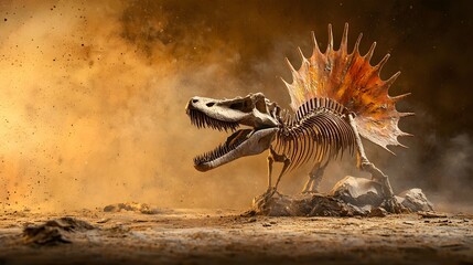 Aufkleber - Spinosaurus Spine Fossil Standing Upright Against a Plain Background Showcased for Scientific Study Paleontological Education and Prehistoric