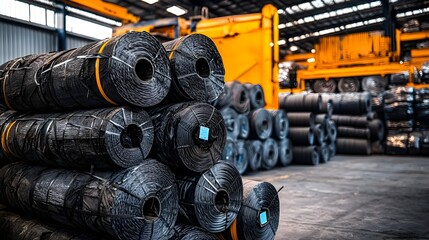 Poster - Stacked coils of shiny metal sheets stored in an industrial warehouse ready for transport and distribution to manufacturing facilities or construction sites