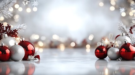 Poster - Elegant Christmas Decor with Red and Silver Baubles and Festive Background Lights : Generative AI