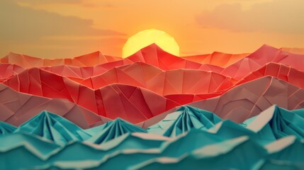 Wall Mural - origami mountain range with sunset in the background