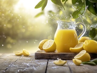 Poster - Refreshing Lemon Juice Splash with Fresh Lemons and Green Leaves : Generative AI