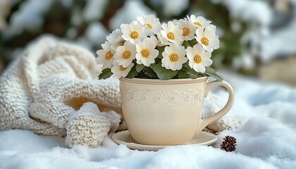 Poster - Winter Garden Scene With Daisies in a Teacup on Snowy Blanket : Generative AI