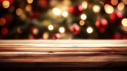Fototapete - Festive Wooden Tabletop with Christmas Lights and Blurred Holiday Tree Background : Generative AI