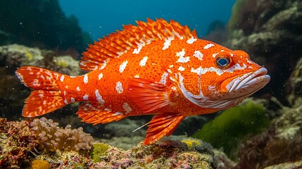 Aufkleber - Striking Underwater Photograph Showcasing the Bold Scaly Details of a Captivating Rockfish in its Natural Marine Environment