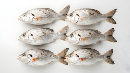Poster - Symmetrically aligned school of croaker fish in a minimalist clean composition on a plain white backdrop  This image showcases the natural beauty and geometric patterns found in the marine ecosystem