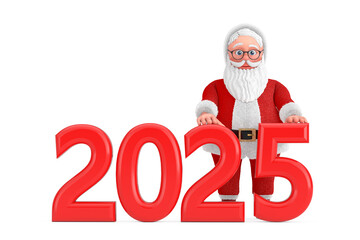 Poster - Cartoon Cheerful Santa Claus Granpa with Red 2025 New Year Sign. 3d Rendering