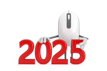 Poster - Computer Mouse Cartoon Person Character Mascot with Red 2025 New Year Sign. 3d Rendering