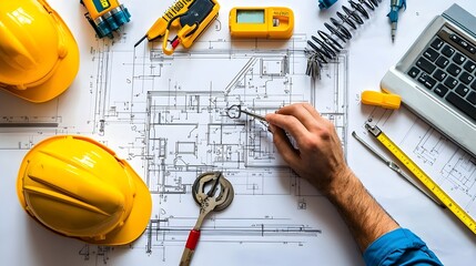 Poster - Technician or professional inspecting PVC pipe connections and fittings using various measurement tools and equipment on a detailed construction blueprint or engineering plan  Concept of building