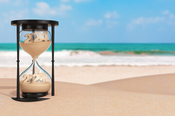 Aufkleber - 2025 New Year Vacation Concept.  Sand Falling in Hourglass Taking the Shape from 2024 to 2025 year on an Ocean Deserted Coast. 3d Rendering