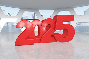 Poster - Red New 2025 Year Sign in Abstract Bright Office Meeting Room. 3d Rendering
