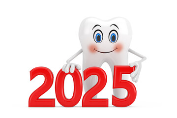 Aufkleber - White Tooth Person Character Mascot with Red 2025 New Year Sign. 3d Rendering