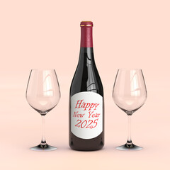 Poster - Two Wine Glasses and Red Wine Bottle with Happy New Year 2025 Sign. 3d Rendering