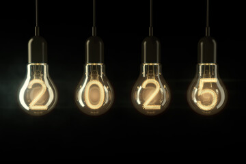 Poster - Light Bulbs Illuminated 2025 New Year. 3d Rendering
